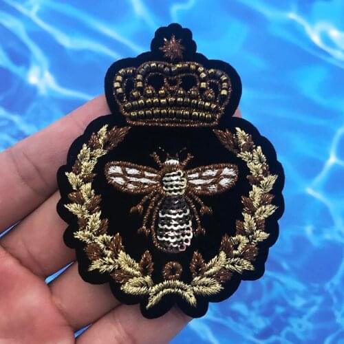 Beaded Crown Bee Fabric Badge Embroidered Sew on Patches For Clothes Bag Sewing Stickers Applique Clothing Patch Biker