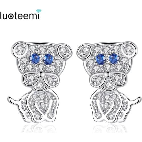 LUOTEEMI Girls White Gold Color Tiny Dog Earrings Animal Piercing Stud Earring For Women Stylish Cubic Zirconia Jewellry