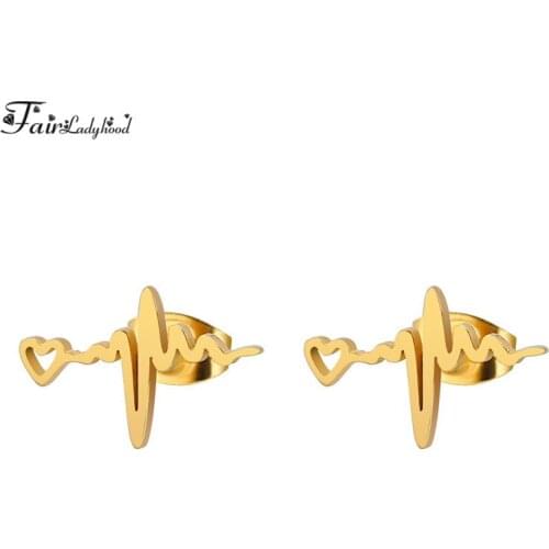 FairLadyHood Stainless Steel Fashion Simple Heart Earrings Female Wave Trend Personality Small Stud Earrings Girls