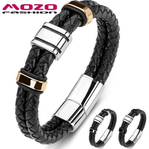 2020 Male Classic Bracelets Braided Stainless Steel Retro Cuff Genuine Leather Bangle Women Jewelry
