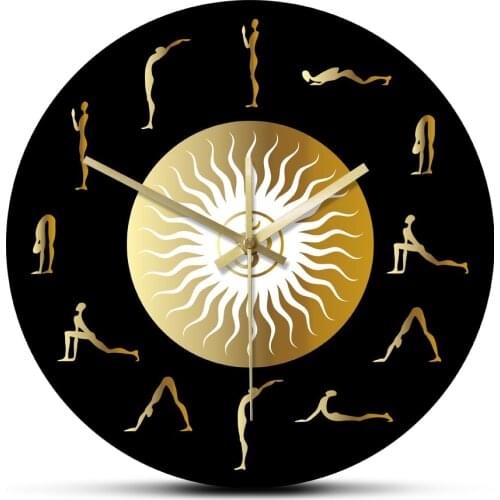 Surya Namaskar Set Yoga Post Acrylic Printed Wall Hanging Clock Salutation the Sun Mute Wall Art Watch Yoga Studio Decoration