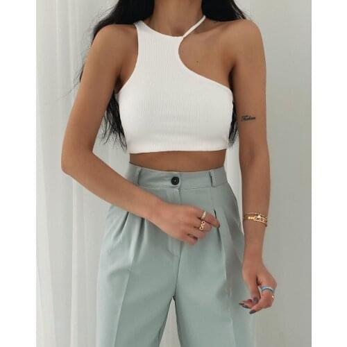 New Women Chic Sexy Asymmetrical White Knitting Camis Tank High Street Ladies Sleeveless Vest Summer Slim Crop White Corset Top