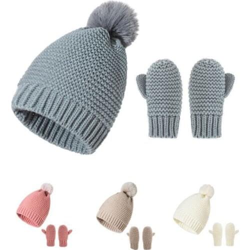 New Baby Hats Kids Girls Boys Beanies Winter Warm Knit Hat Pom pom Solid Warm Cute Glove + Hat Lovely Beanie Caps