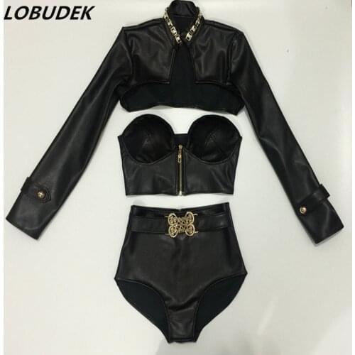New Female Jazz Hip Hop dance costumes PU Leather black white suits Nightclub Bar singer Teams performance outfit Festival show
