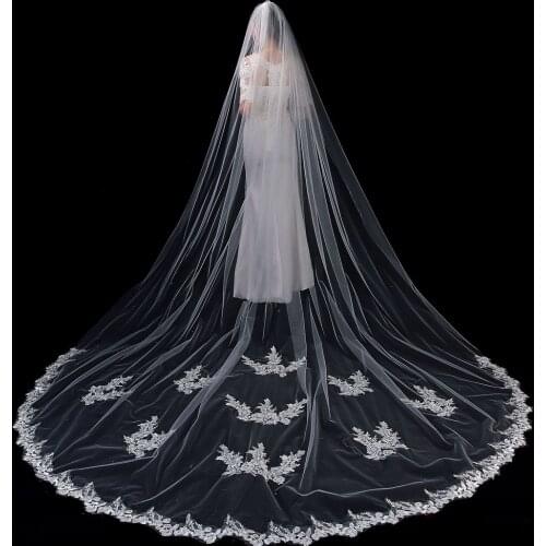New One Layer Applique 350cm Comb Lace Ivory Cathedral Wedding Veil Long Bridal Veil superior Wedding Accessories voile mariage