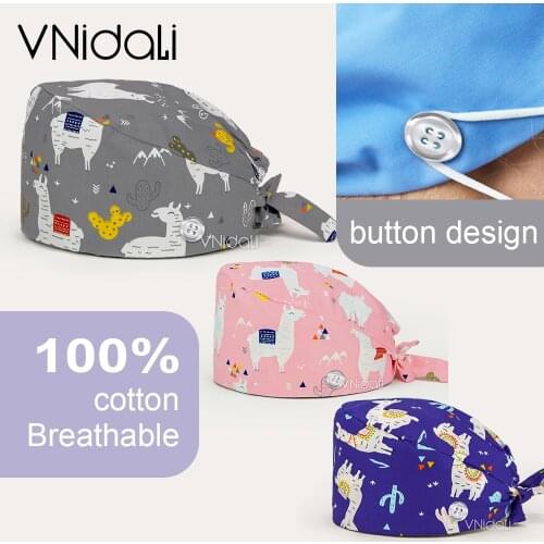 High quality cartoon printed scrub hat beauty salon adjustable nursing cap female surgical cap with Button nurse accessorie