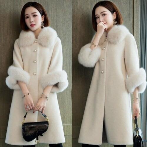 Real shoot imitation sheep shearling coat womens winter wool medium long grain fleece fur integrated fur coat faux fur