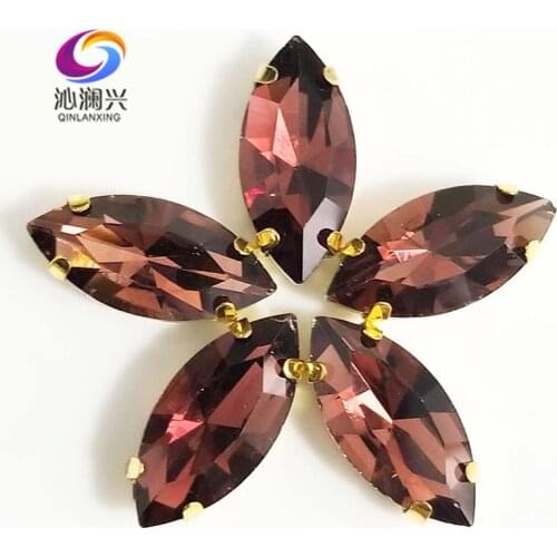 Wine red eye shape Glass Crystal sew on stones with holes,Golden bottom loose rhinestones Diy/Clothing accessories SWMG18