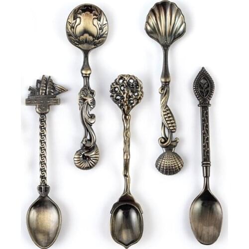 MR 5Pcs Vintage Royal Style Bronze Carved Small Coffee Spoon Kitchen Dining Bar Flatware Cutlery Mini Dessert Spoon For SnacK