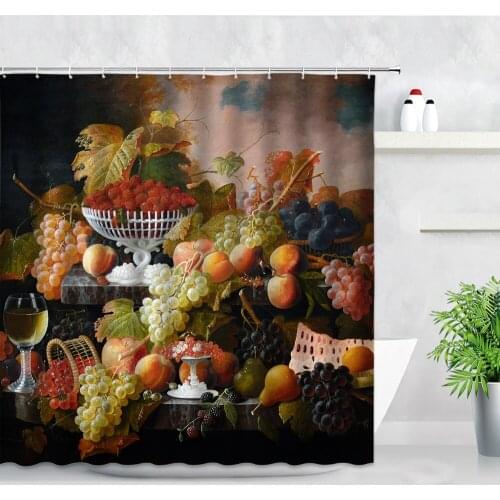 European Style Fruits Oil Painting Shower Curtains Grape Lemon Cherry Peach Printed Bathroom Decor Screen Hooks Bath Curtain Set