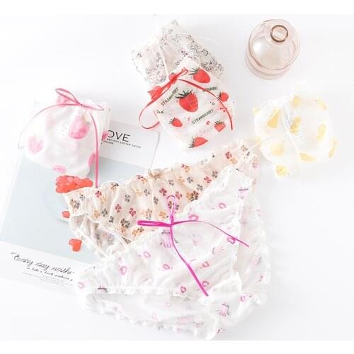 Kawaii Womens Panties Seamless Cute Strawberry Peach Floret Print Ice Silk Comfort Underwear Soft Breathable Low-Rise Bows Girl
