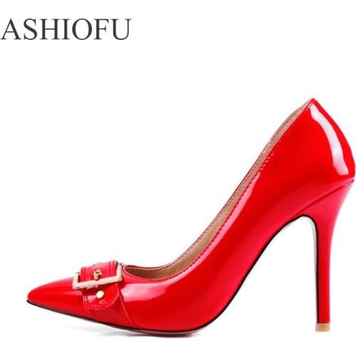 ASHIOFU Factory Sale Ladies High Heel Pumps Buckle Deco Slip-on Party Prom Dress Shoes Pointy Large Size Fashion Court Shoes
