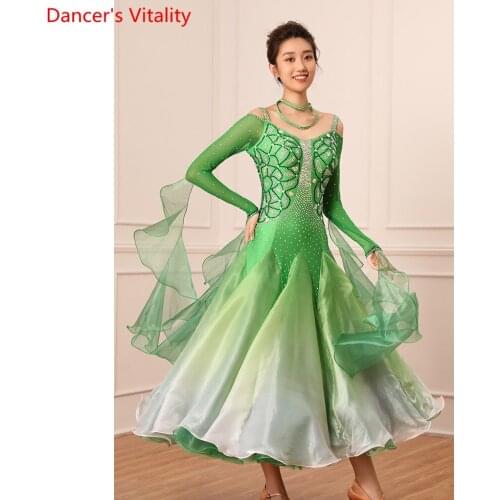 Women Modern Dance Performance Racing Costume Big Hem Ribbon Sleeve Dress Ballroom National Standard Jazz Waltz Dance Outfits