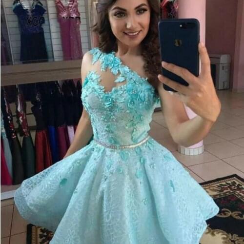 Robe De Soriee Sexy Turquoise Short Lace Homecoming Cocktail Dress 2021 Elegant Beaded 3D Flowers Formal Mini Prom Party Gown