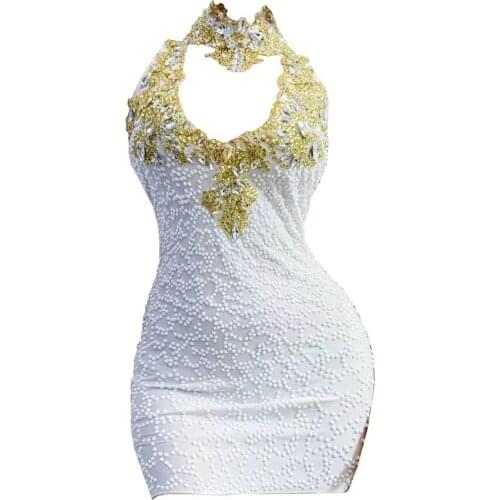 White Evening Party Beading Rhinestone Dress Women Sexy Halter Hip Wrapped Dress Club Crystal Bodycon Dress Dance Stage Costumes