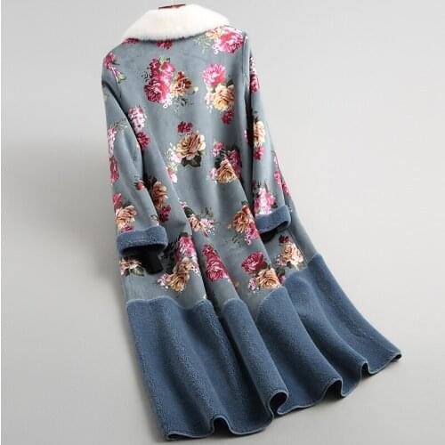 Winter Jacket Women Sheep Shearling Real Fur Coat Female Mink Fur Collar Wool Coats Korean Long Jacket Print Outwear MY