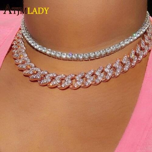 12mm Micro Pave CZ Cuban Link Necklaces pink Luxury Bling Bling choker Jewelry iced out bling zircon rock punk women men jewelry