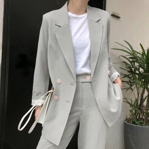 Elegant Light Green Women Pant Suits Double-breasted Blazer Jacket & High Waist Pants Vintage 2 Pieces-set OL Style Work Suits