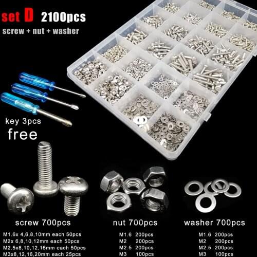 400/2100pc M1.6 M2 M2.5 M3 M4 M5 304 A2 Stainless Steel Mix Size Cross Phillips Pan Round Head Screw Bolt Nut Washer Set Kit Box