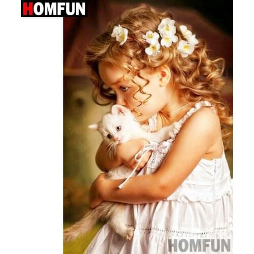 HOMFUN Full Square/Round Drill 5D DIY Diamond Painting "Girl & cat" 3D Embroidery Cross Stitch 5D Home Decor Gift A15085