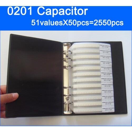 Free Shipping 0201 SMD Capacitor Sample Book 51valuesX50pcs=2550pcs 0.5PF~220NF Capacitor Assortment Kit Pack