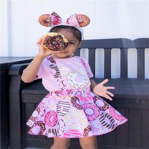 Free shipping Summer Newborn Baby Girl clothes Donuts Print strap Button Skirts short sleeve round neck Bodysuit 2pc cute Outfit