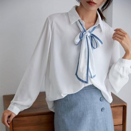 Free shipping woman feminina Womens vintage blouse fashion clothes 2020 bow chiffon white long sleeve shirts female D0057