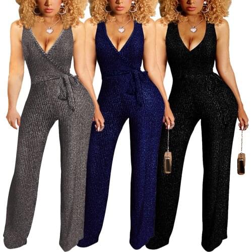 One Piece Womens Clothing Sexy Sleeveless Fashion Belt Personality Fine Flashing Solid Color Temperament Commuter Jumpsuit