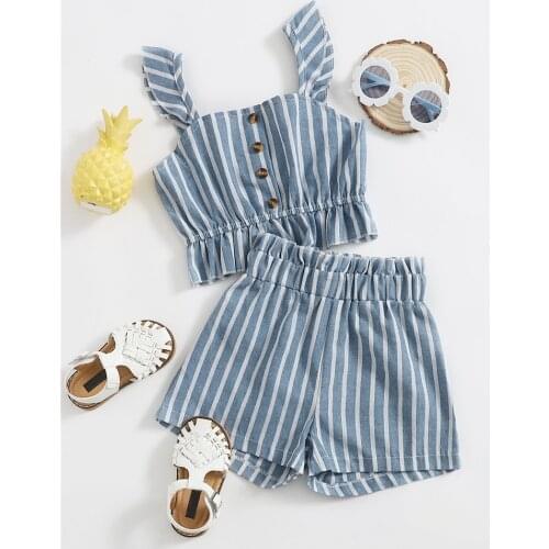 Citgeett Summer 2-7Y Kids Girls Clothes Suit Striped Square Collar Sleeveless Pullover+Short Pants Casual Outfit Set