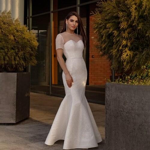 Beautiful Mermaid Evening Dresses O-Neck Short Sleeve Slim Evening Party Gown Simple Robe Formal Prom Gown