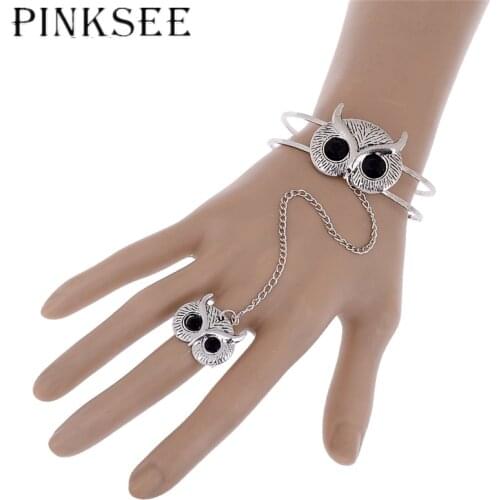 Pinksee Creative Vintage Silver Color Owl Finger Ring Hand Chain Slave Harness Bracelet Women Girls Punk Bangle Jewelry Gifts