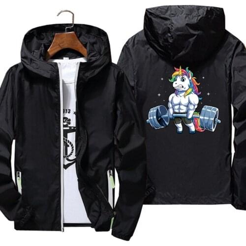 Mens Bomber Hooded Jacket Unicorn Weightlifting Fitness Gym Deadlift Rainbow Us Cartoon Thin Windbreaker Sunscreen Jacket Black