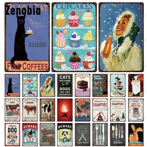 Tin Signs Vintage Plaque Metal Wall Cats and Dogs Ice Cream Wall Art Metal Pictures Accessories Retro Coffee Metal Posters