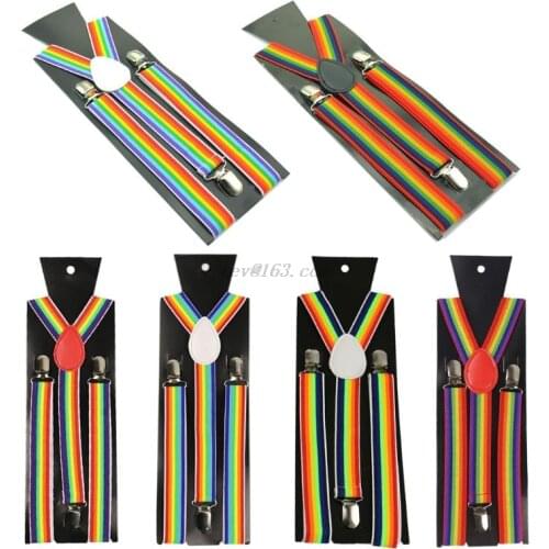 Men Women Wide Adjustable Straps Y-Back Suspenders Rainbow Colorful Vertical Striped Elastic Belt with Strong Metal Clips