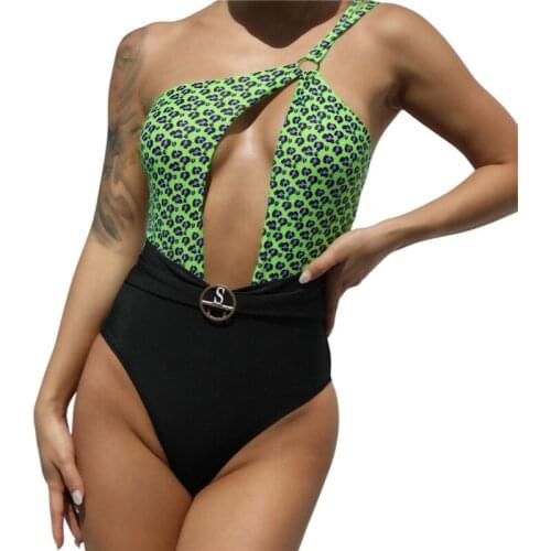 Sexy Women Leopard Printed One Piece Swimsuits Ladies One Shoulder Cut Out Patchwork Monokini Bathing Suits Backless Beachwear