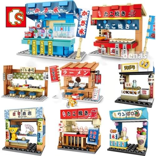 SEMBO City Japanese Sakura Street View Telephone Booth Sushi Restaurant Shop Building Block Toy Children Gift Educational Model