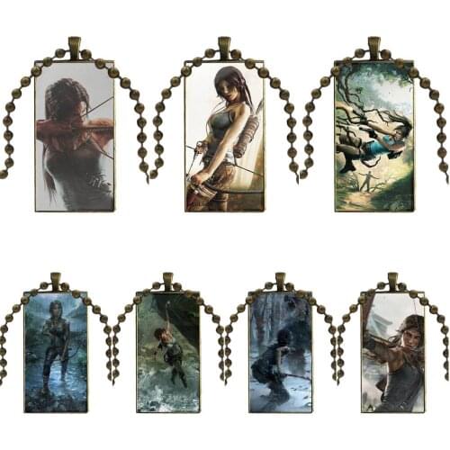 Glass Cabochon Pendant Necklace Rectangle Fashion Necklace For Unisex Lara Croft Tomb Raider Game