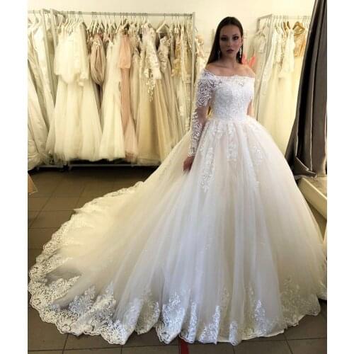 Wedding Dress Ball Boat Neck Full Sleeve Lace Appliques Sequined Floor Length Sweep Train Gorgeous Bride Gown Custom Made New