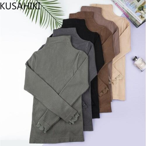 KUSAHIKI Turtleneck Sweater Women 2021 New Autumn Winter Basic Knitted Tops Korean Lace Patchwork Long Sleeve Knitwear 6K902