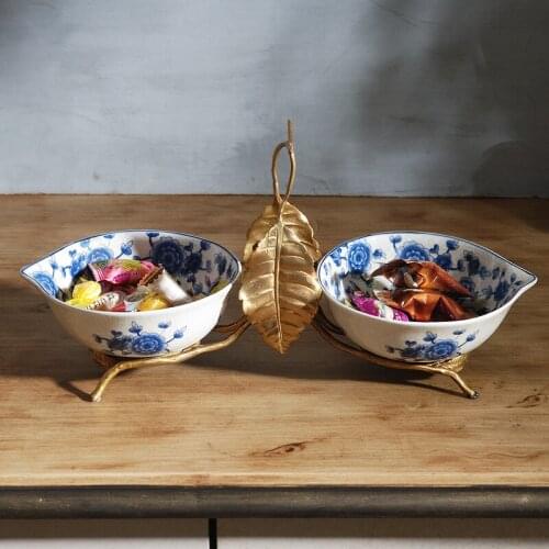 Fruit plate American luxury high-grade ceramics copper living room fruit bowl blue and white copper piece dried fruit bow