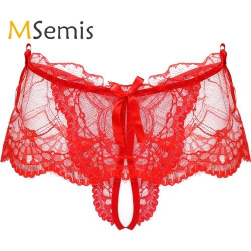 Mens Lingerie Sissy Underwear See-through Lace Crotchless Skirted Thong T-back Panties Elastic Waistband Bowknot G-string Briefs
