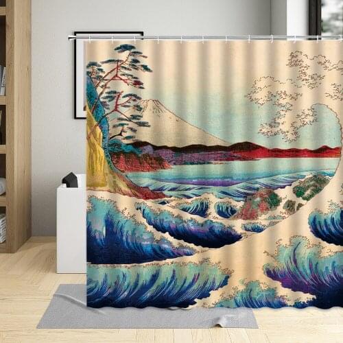Mount Fuji Landscape Vintage Bathroom Curtain Great Waves Ukiyoe Scenery Waterproof Shower Curtain Home Decor With Hook