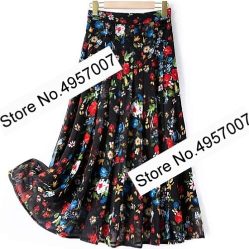 Elfbop Ladies Newest Viscose Silk Blend Floral Printed Pleated Midi Skirt