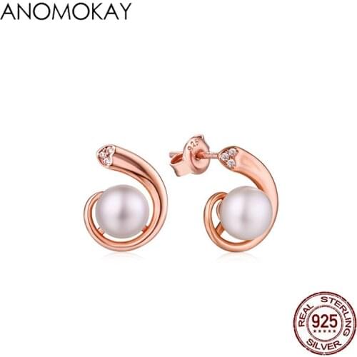 Anomokay European & American Trendy Irregular Rose Gold Color Pearl Earrings for Women Girlfriend Gift 925 Silver Earring
