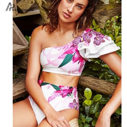 Women One Shoulder Swimsuit Sexy Ruffle Bikini Floral Print Two Piece Set Swimwear High waist Back Bandage Bathing Suit Vintage