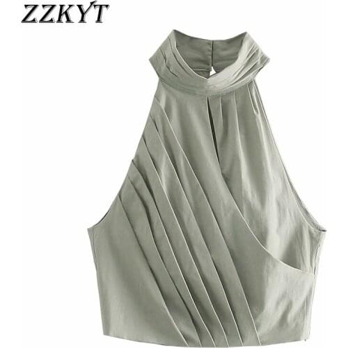ZZKYT 2021 Women Summer Fashion Solid Folds Cropped Tank Tops Vintage O-Neck Sleeveless Button Female Camis Casual Chic Tops