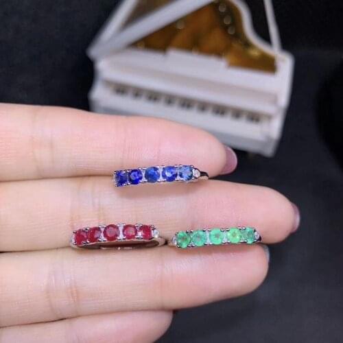 Simple Slender small Row Natural green Emerald Ring S925 Silver Natural ruby sapphire Ring Women girl party gift fine Jewelry