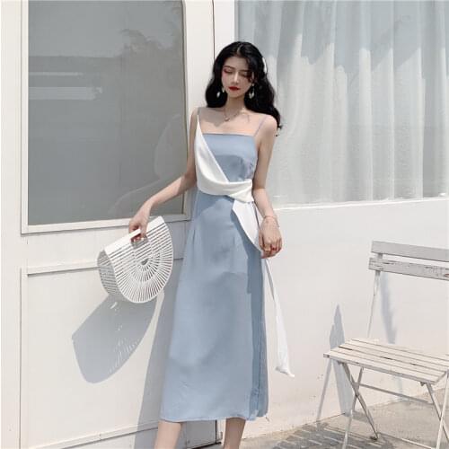 Women Summer Slim A Line Dress Vestidos Spaghetti Straps Sleeveless Retro Vintage Dress Outfits Fake Two Piece Patchwork Dress