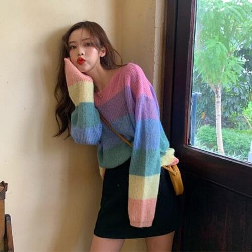 2021 Womens Sweaters Korean Ins Chic Ulzzang Loose Rainbow Striped Sweater Female Vintage Kawaii Cute Svitshot For Women