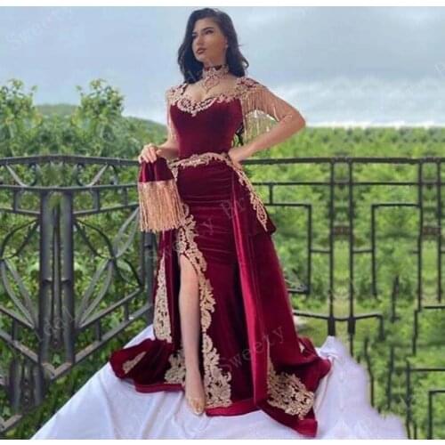 Burgundy Arabic Muslim Mermaid Velvet Evening Dresses with Bag Split Applique Lace Prom Gowns High Neck Tassel Algerian Outfit